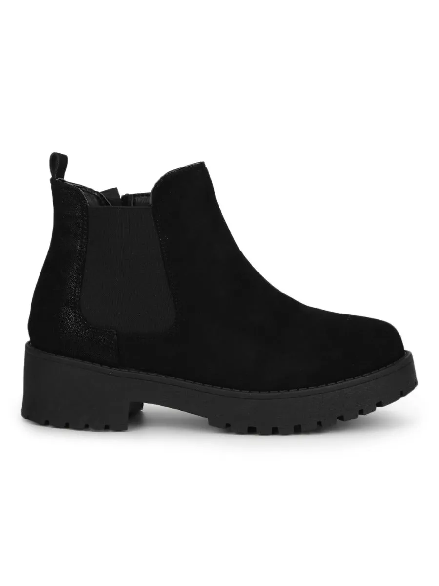 Black Micro Slip On Low Heel Ankle Boots