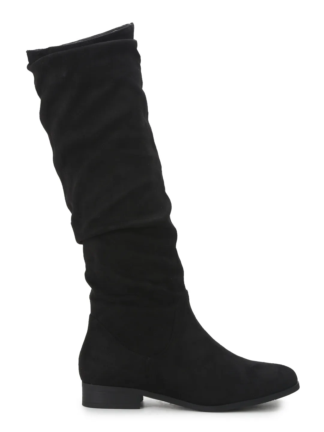 Black Micro Slouch Flat Calf Length Long Boots