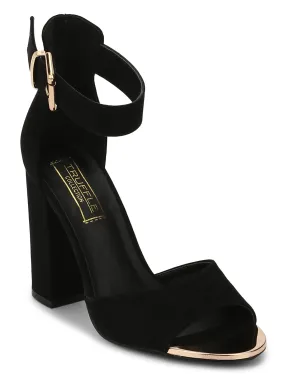 Black Microfibre Ankle Strap Block Heels