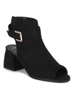 Black Microfibre Open back Buckle Peep Toe Block Heels