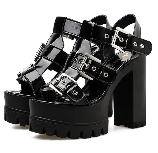 Patent Block Chunky Sole High Heels Gladiator Platforms Sandals Shoes