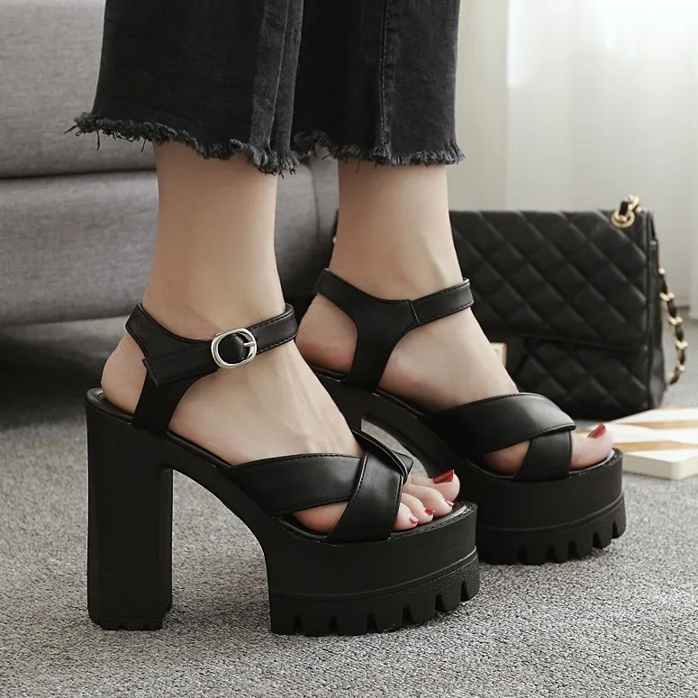 Black Peep Toe High Heel Punk Rock Sling Back Sandals Platforms