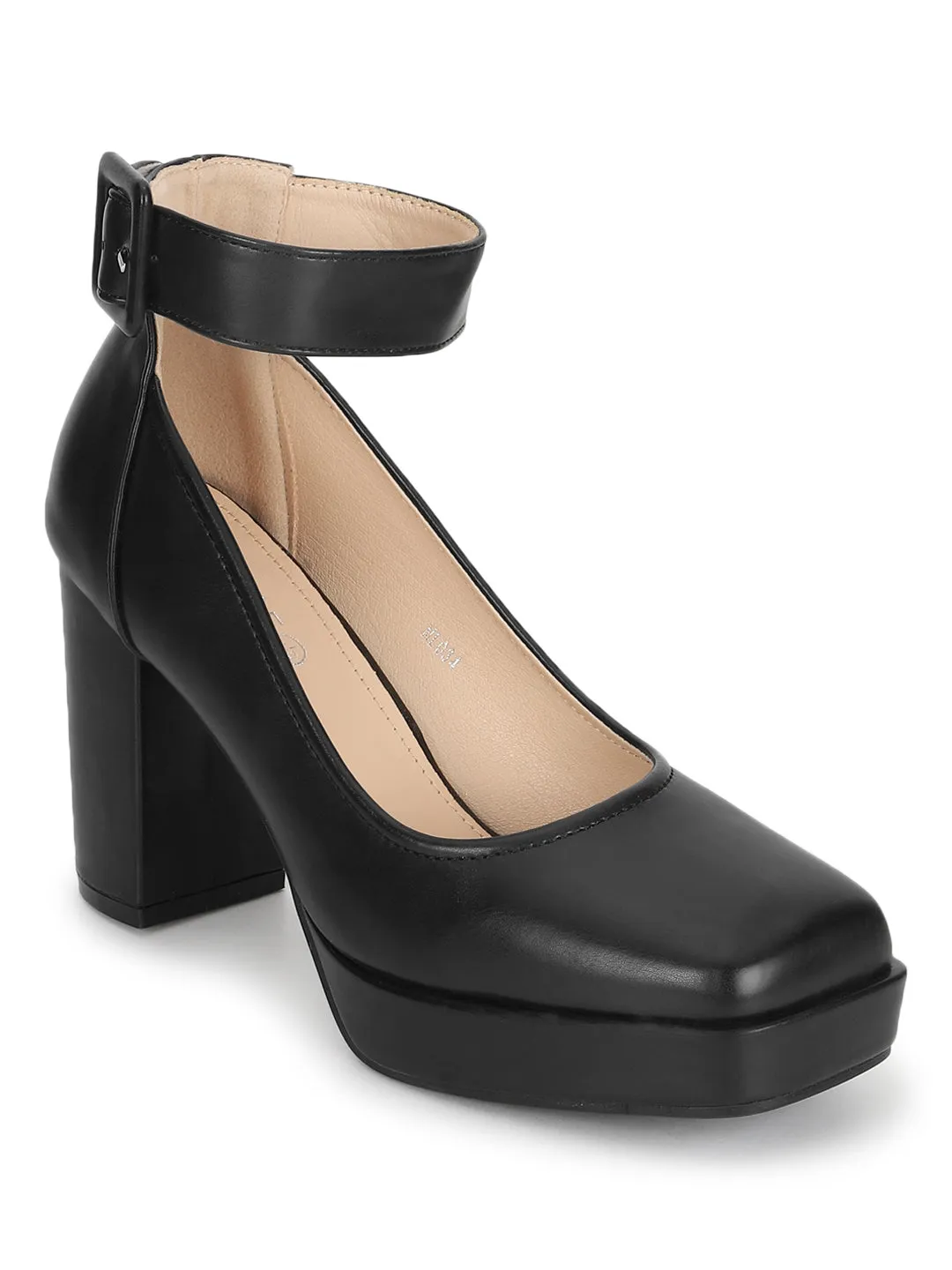 Black PU Stylish Block Heel Pumps (TC-RS3604-BLK)