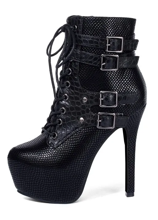 Snake Skin Lace Up Stiletto High Heels Boots Platforms