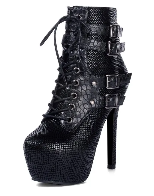 Snake Skin Lace Up Stiletto High Heels Boots Platforms