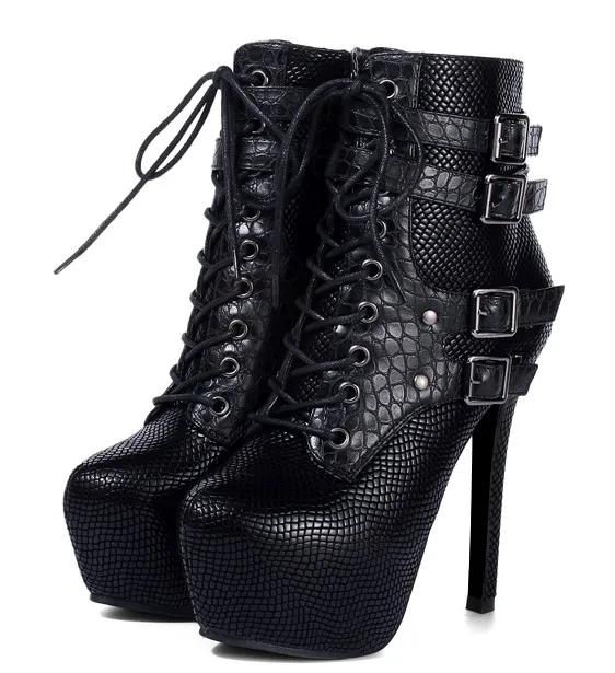 Snake Skin Lace Up Stiletto High Heels Boots Platforms