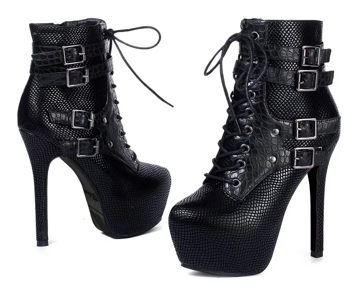 Snake Skin Lace Up Stiletto High Heels Boots Platforms