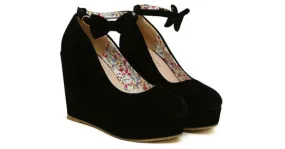 Black Suede Bow Ankle Strap Platforms Shoes