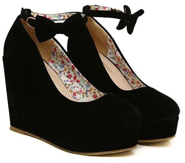 Black Suede Bow Ankle Strap Platforms Shoes