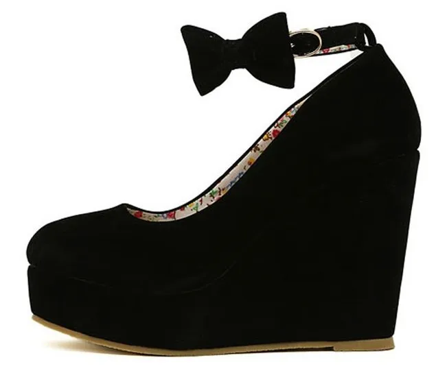 Black Suede Bow Ankle Strap Platforms Shoes