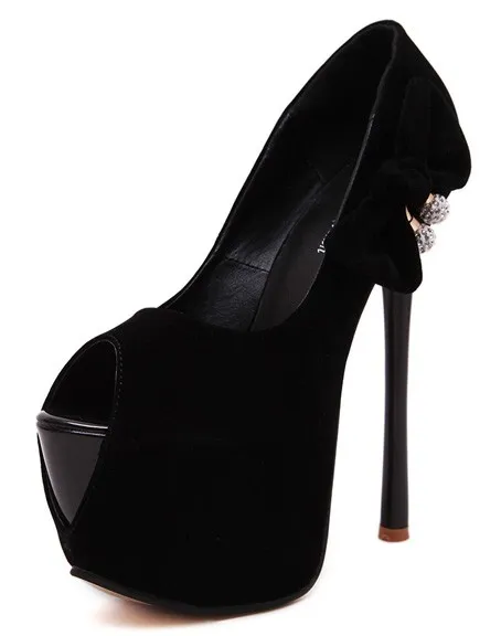 Black Suede Peep Toe Platforms Stiletto High Heels