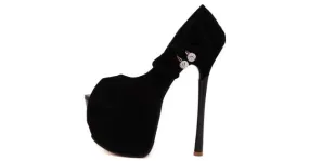 Black Suede Peep Toe Platforms Stiletto High Heels