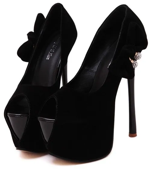 Black Suede Peep Toe Platforms Stiletto High Heels