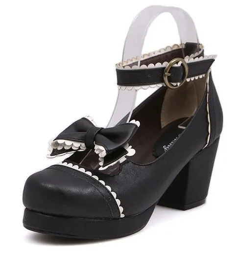 Black White Bow Mary Jane Round Head Lolita Platform Mid Heels