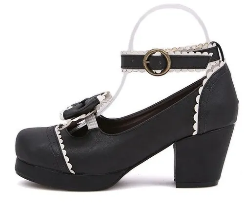 Black White Bow Mary Jane Round Head Lolita Platform Mid Heels