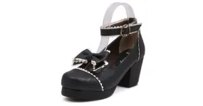 Black White Bow Mary Jane Round Head Lolita Platform Mid Heels