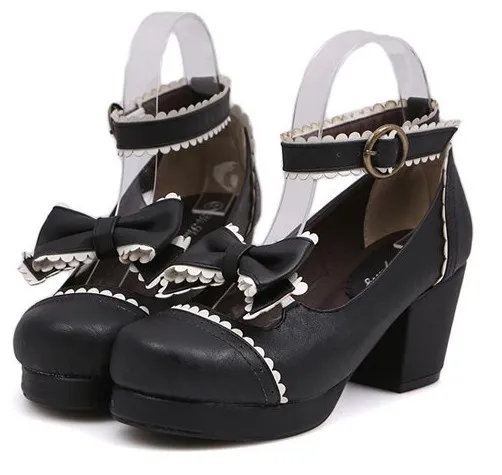 Black White Bow Mary Jane Round Head Lolita Platform Mid Heels