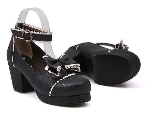 Black White Bow Mary Jane Round Head Lolita Platform Mid Heels