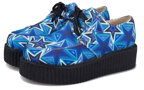 Blue Stars Harajuku Lace Up Platform Creepers Oxfords