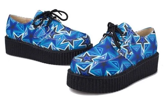 Blue Stars Harajuku Lace Up Platform Creepers Oxfords