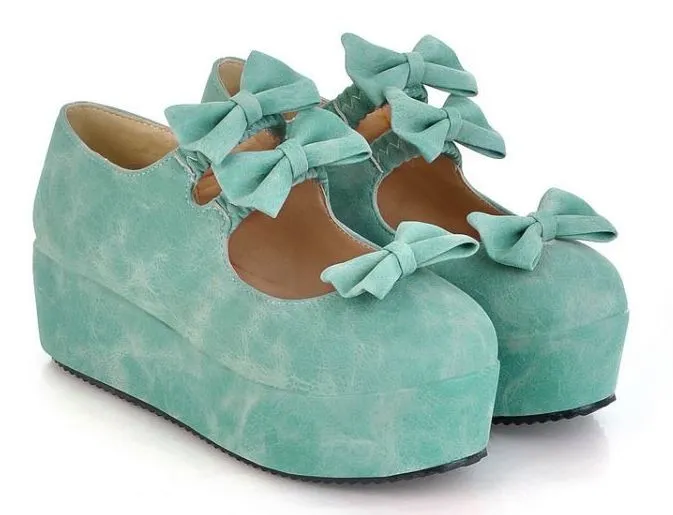 Blue Suede Triple Bows Mary Jane Lolita Platform Creepers