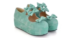 Blue Suede Triple Bows Mary Jane Lolita Platform Creepers