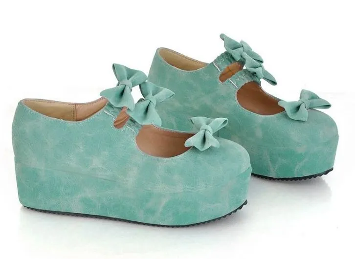 Blue Suede Triple Bows Mary Jane Lolita Platform Creepers