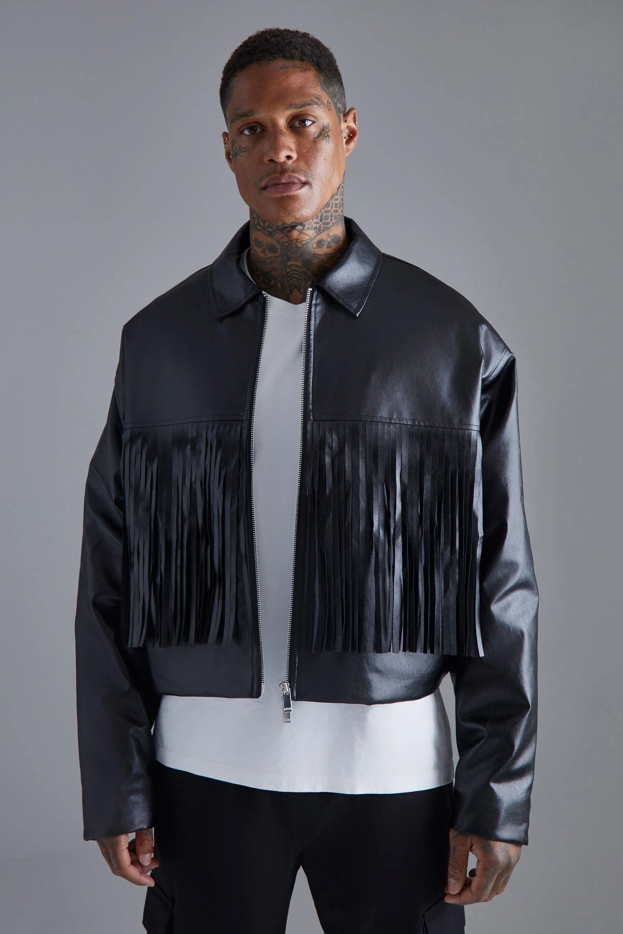 Boxy Fringed Pu Biker Jacket