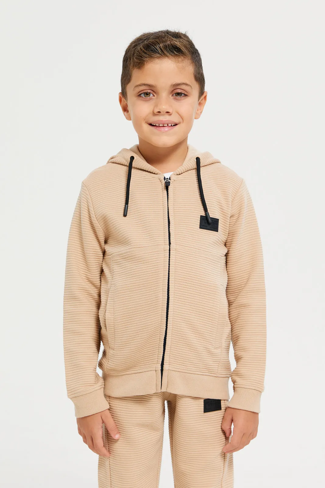 Boys Beige Hooded Zipper Sweatshirt