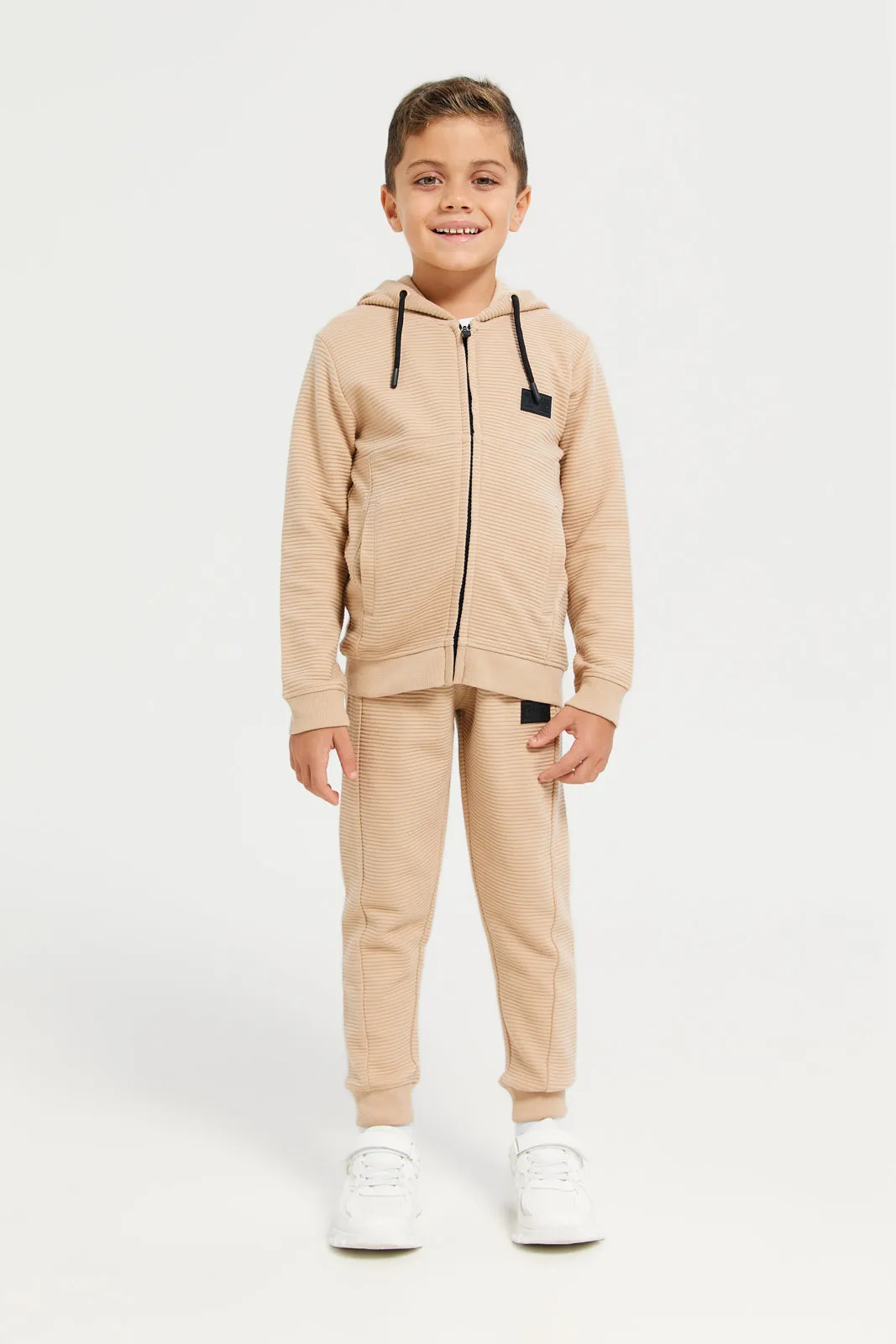 Boys Beige Hooded Zipper Sweatshirt