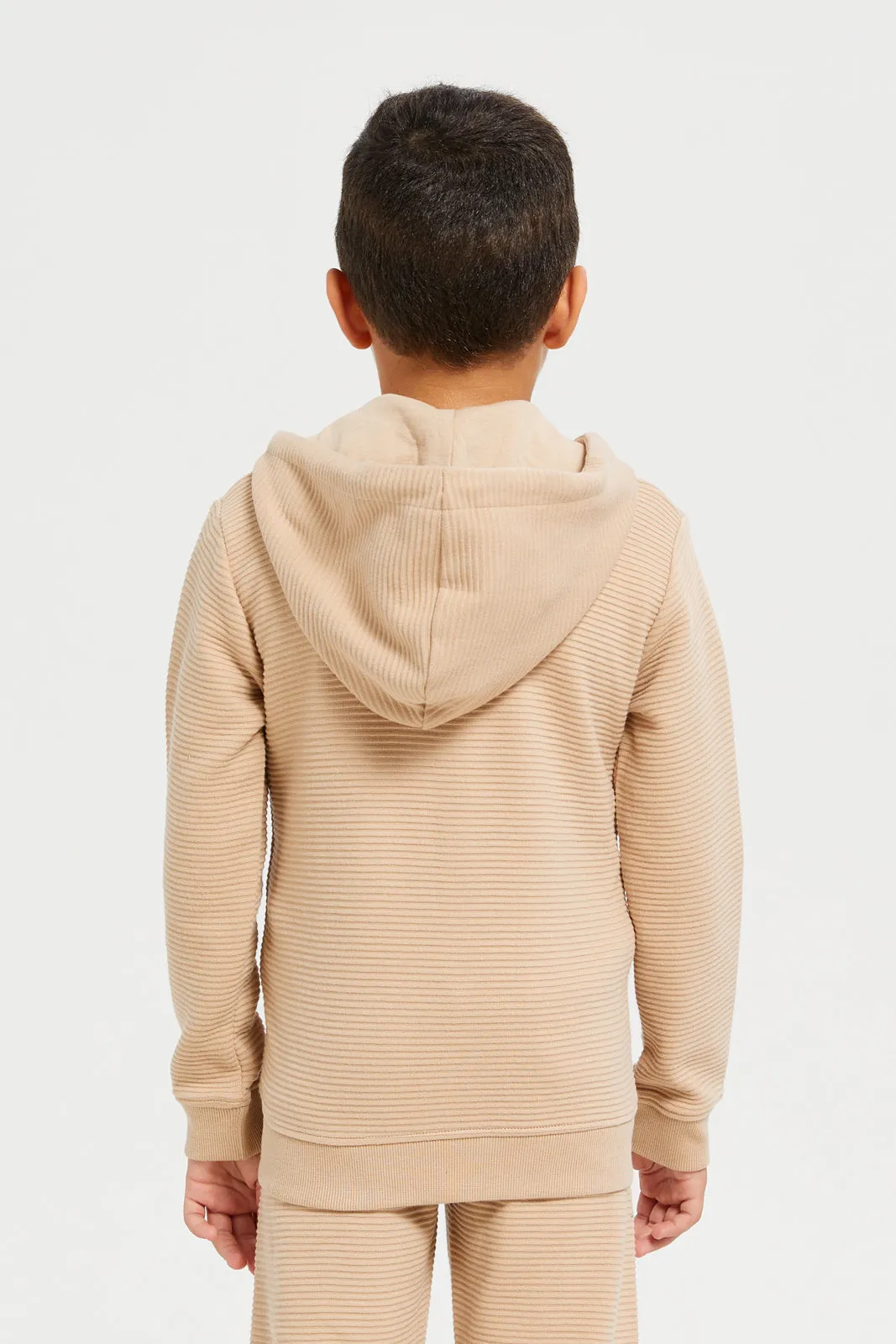 Boys Beige Hooded Zipper Sweatshirt