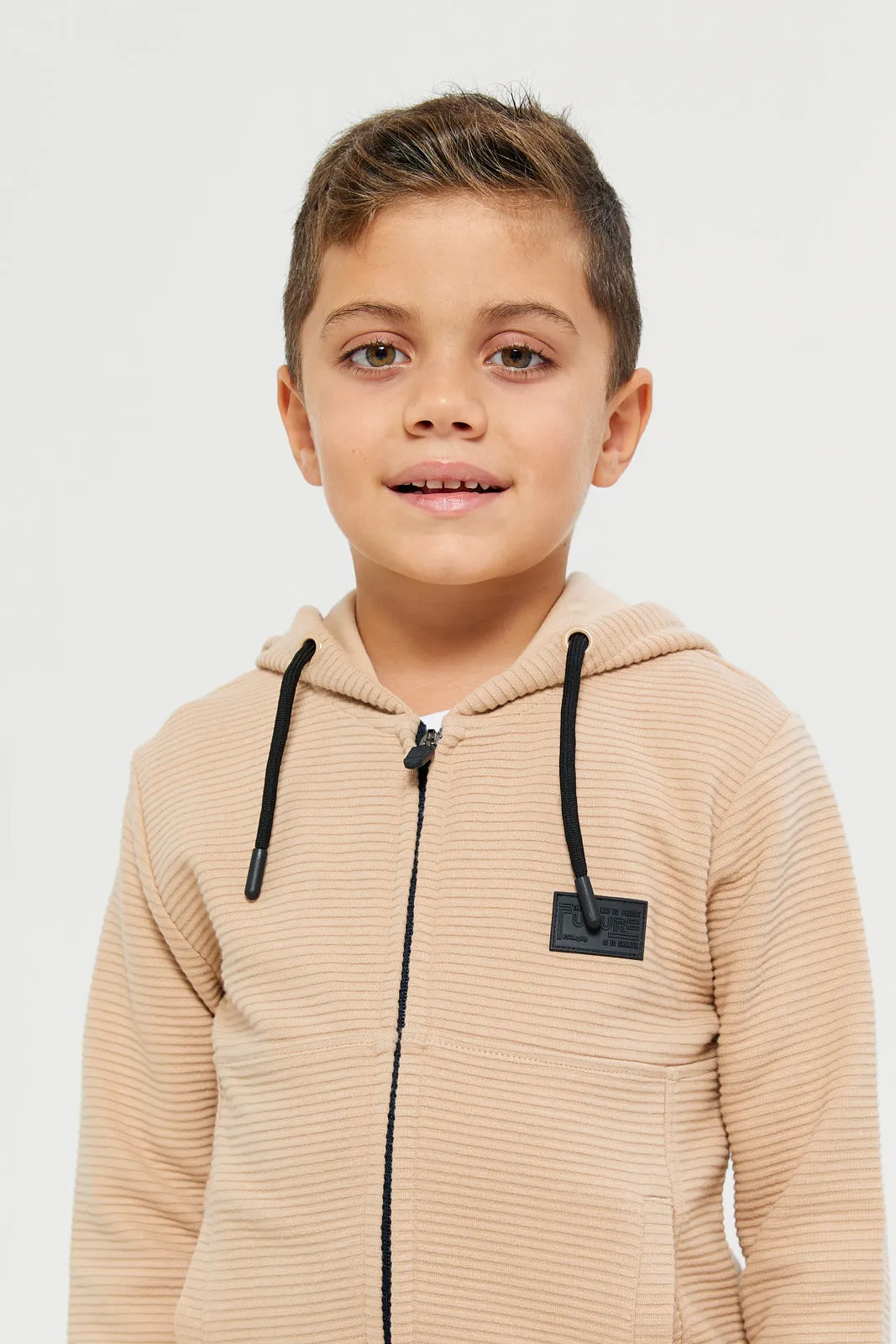 Boys Beige Hooded Zipper Sweatshirt