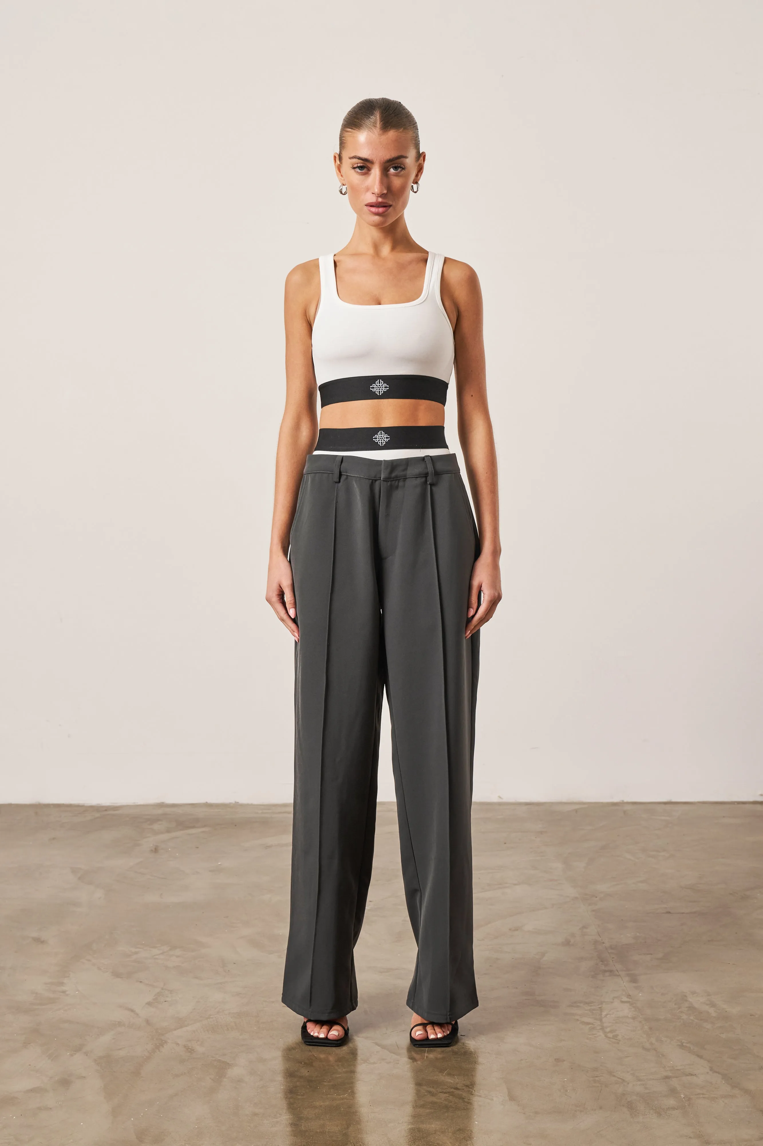 BRANDED ELASTIC DOUBLE LAYER TROUSERS - CHARCOAL