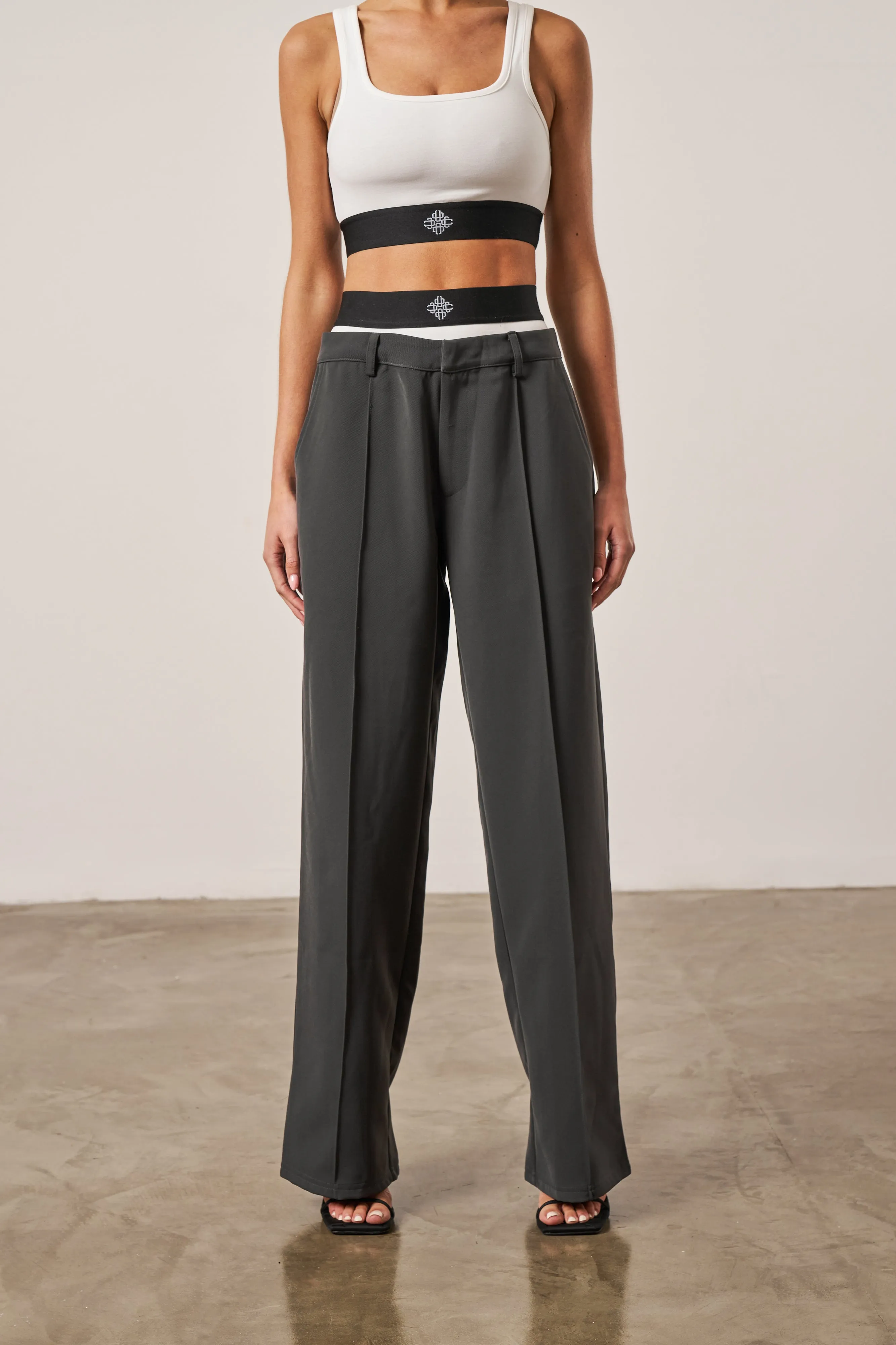 BRANDED ELASTIC DOUBLE LAYER TROUSERS - CHARCOAL