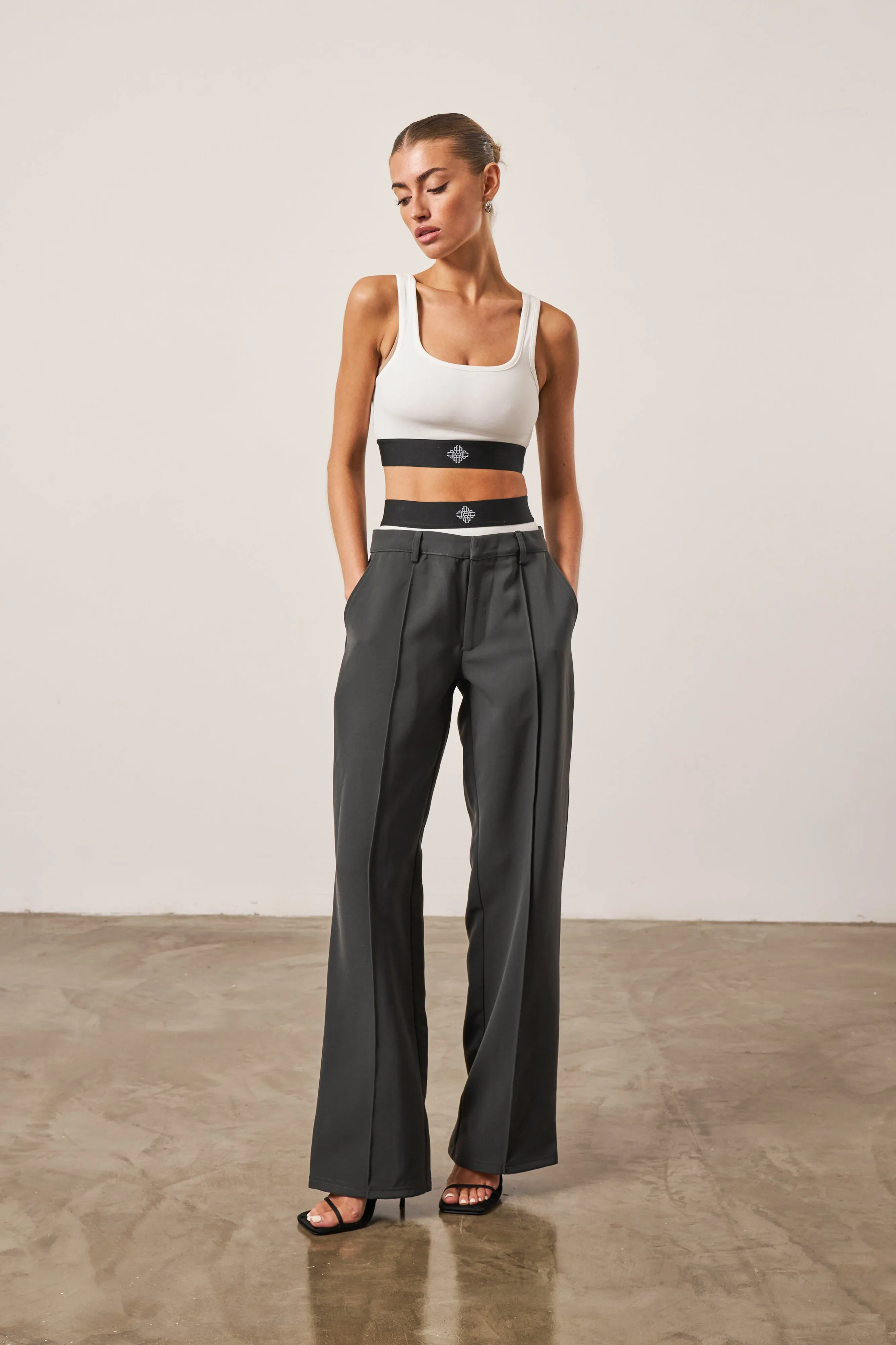 BRANDED ELASTIC DOUBLE LAYER TROUSERS - CHARCOAL