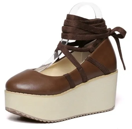 Brown Cross Ankle Straps Ballerina Mary Jane Lolita Wedge Platform Creepers