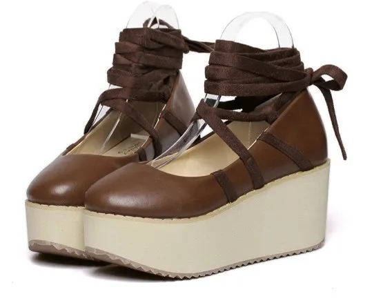 Brown Cross Ankle Straps Ballerina Mary Jane Lolita Wedge Platform Creepers