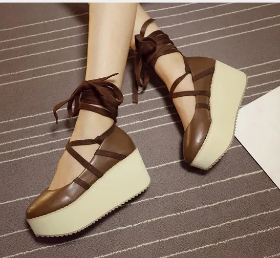 Brown Cross Ankle Straps Ballerina Mary Jane Lolita Wedge Platform Creepers