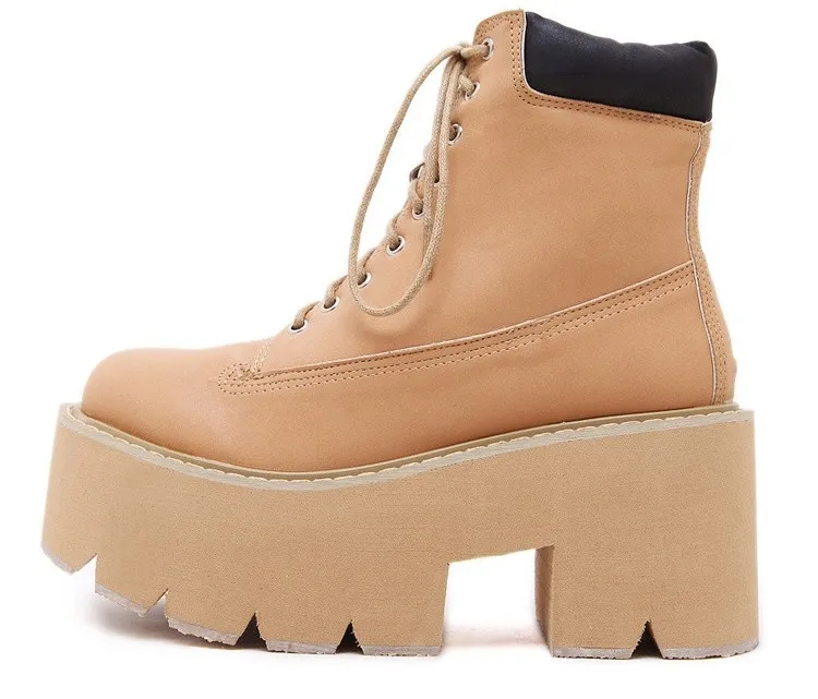 Brown Khaki Camel Lace Up Chunky Sole Block Platform Boots