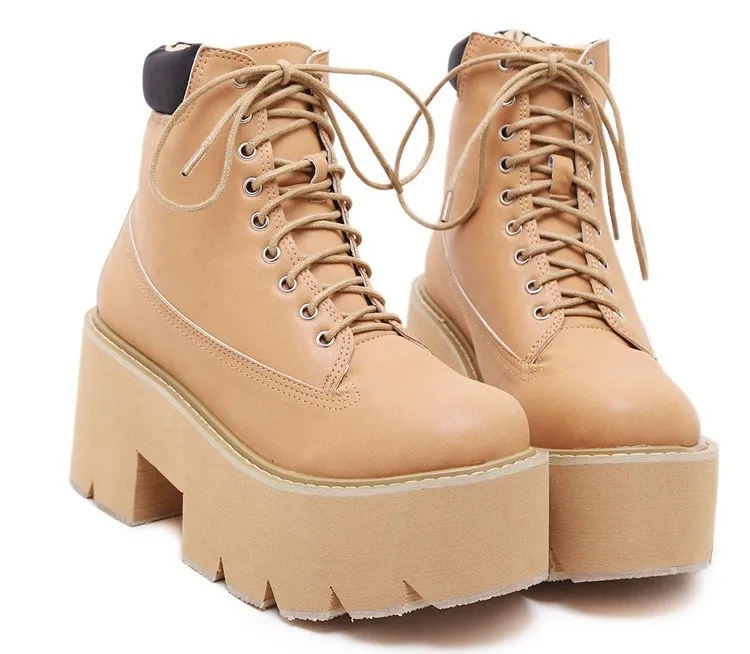 Brown Khaki Camel Lace Up Chunky Sole Block Platform Boots