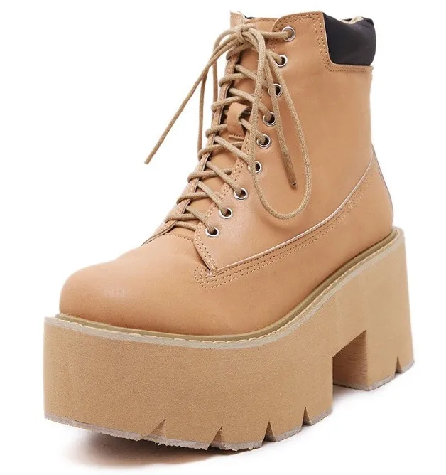 Brown Khaki Camel Lace Up Chunky Sole Block Platform Boots