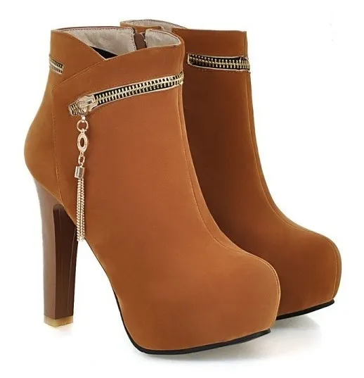 Brown High Heel Ankle Boots with Suede Material and Gold Zipper Detail