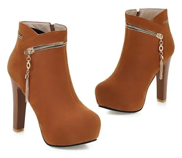 Brown High Heel Ankle Boots with Suede Material and Gold Zipper Detail