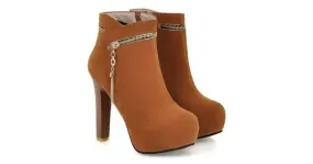 Brown High Heel Ankle Boots with Suede Material and Gold Zipper Detail