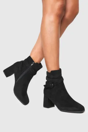 Buckle Detail Faux Suede Block Heel Ankle Boots