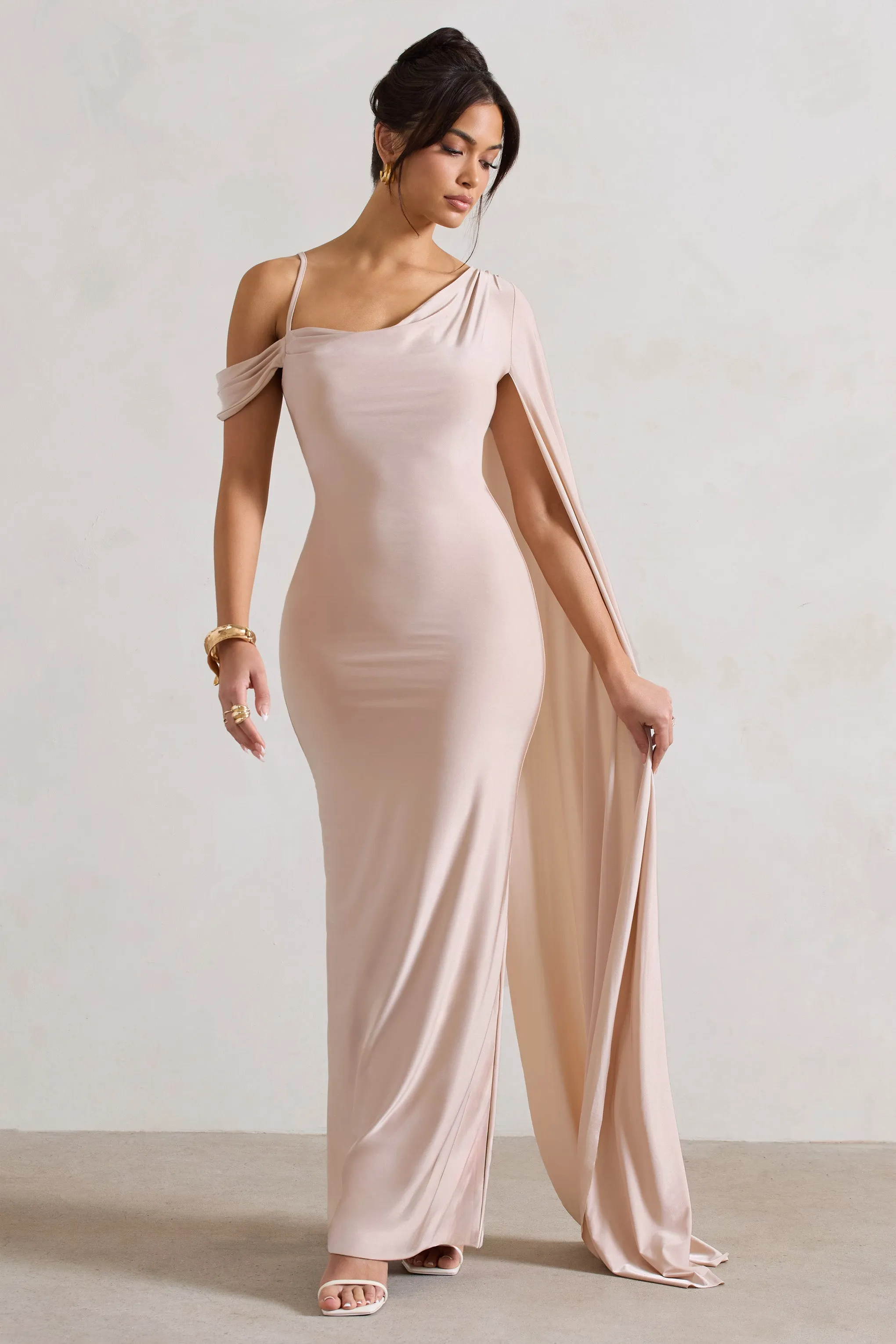 Champagne Maxi Dress with Cape Sleeve and Draping - Shop Now.