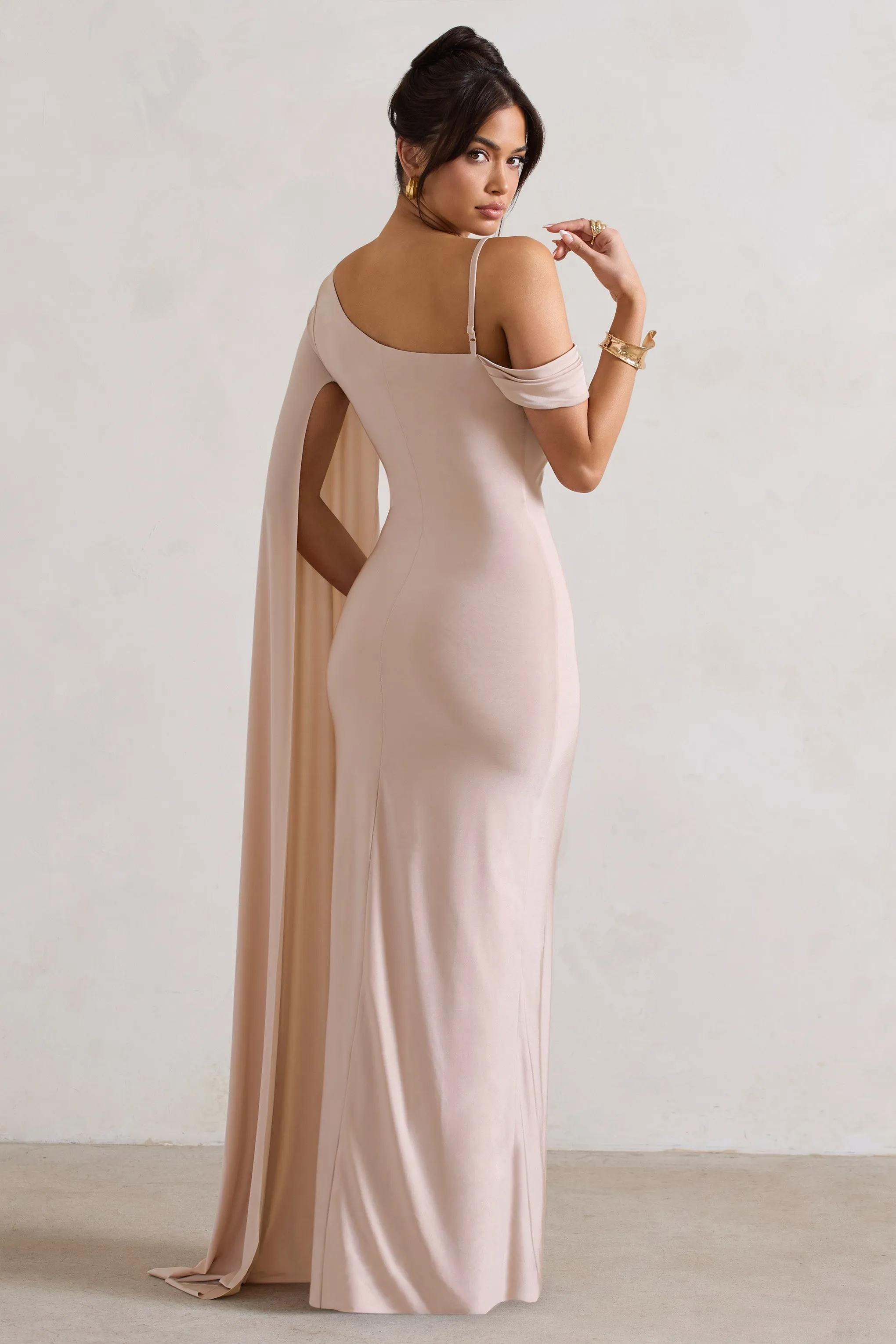 Champagne Maxi Dress with Cape Sleeve and Draping - Shop Now.