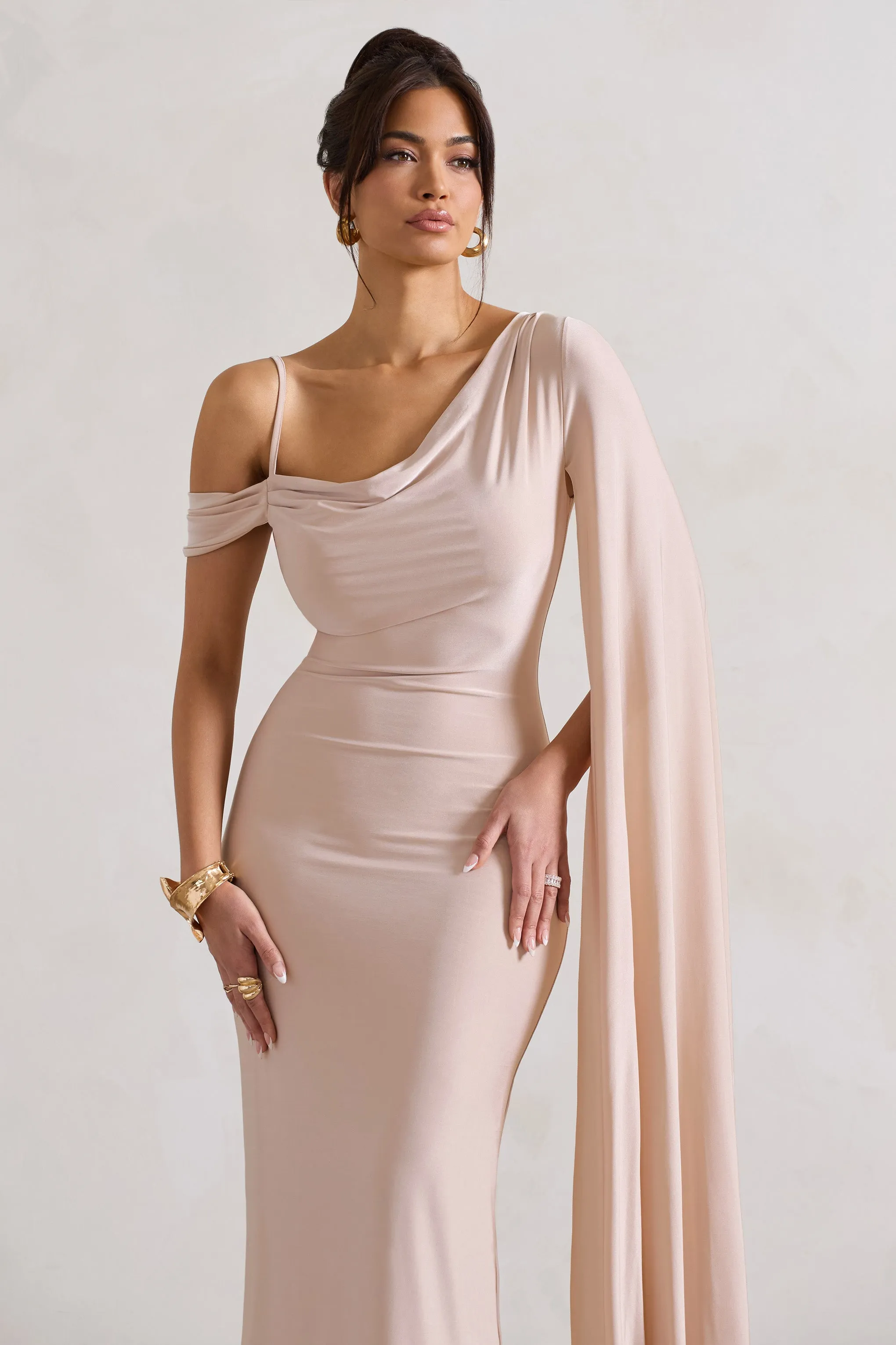 Champagne Maxi Dress with Cape Sleeve and Draping - Shop Now.