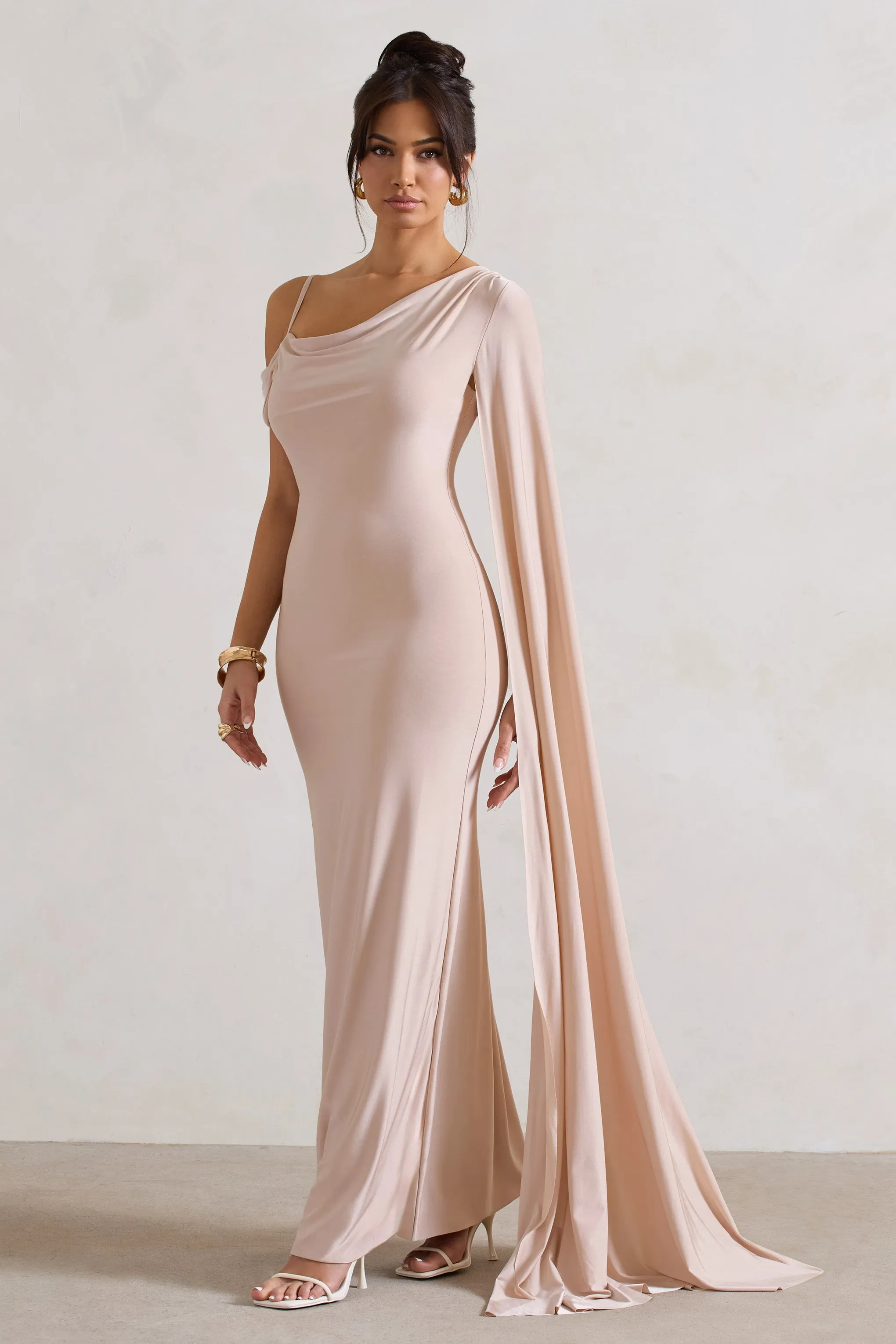 Champagne Maxi Dress with Cape Sleeve and Draping - Shop Now.