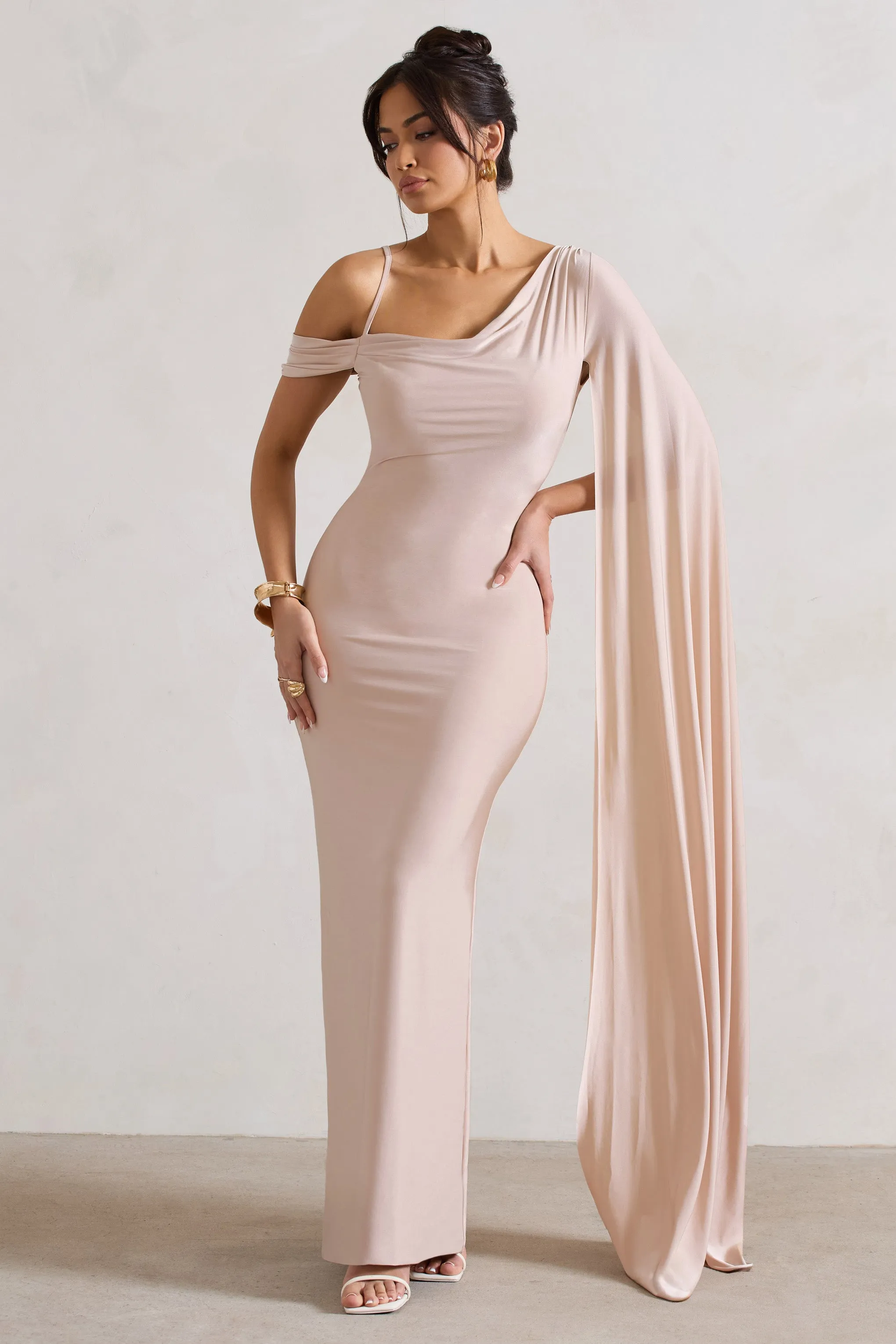 Champagne Maxi Dress with Cape Sleeve and Draping - Shop Now.